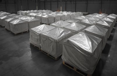 Üzeri tamamen özel brandalarla (çadır) kapatılmış paletlerin veya yığınların olduğu bir depo görseli. fümigasyonun en ikonik görüntüsüdür.